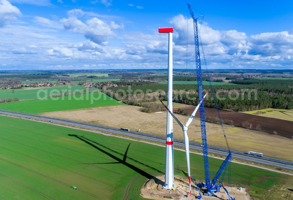 Hoort from the bird's eye view: Construction site for wind turbine installation on a field in Hoort in the state Mecklenburg - Western Pomerania, Germany