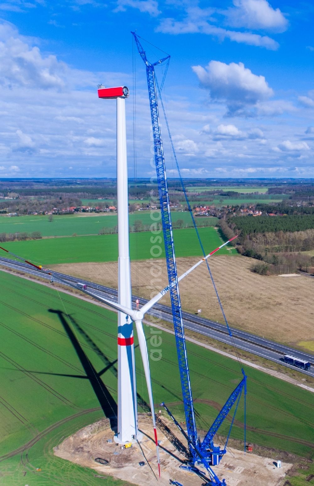 Aerial photograph Hoort - Construction site for wind turbine installation on a field in Hoort in the state Mecklenburg - Western Pomerania, Germany