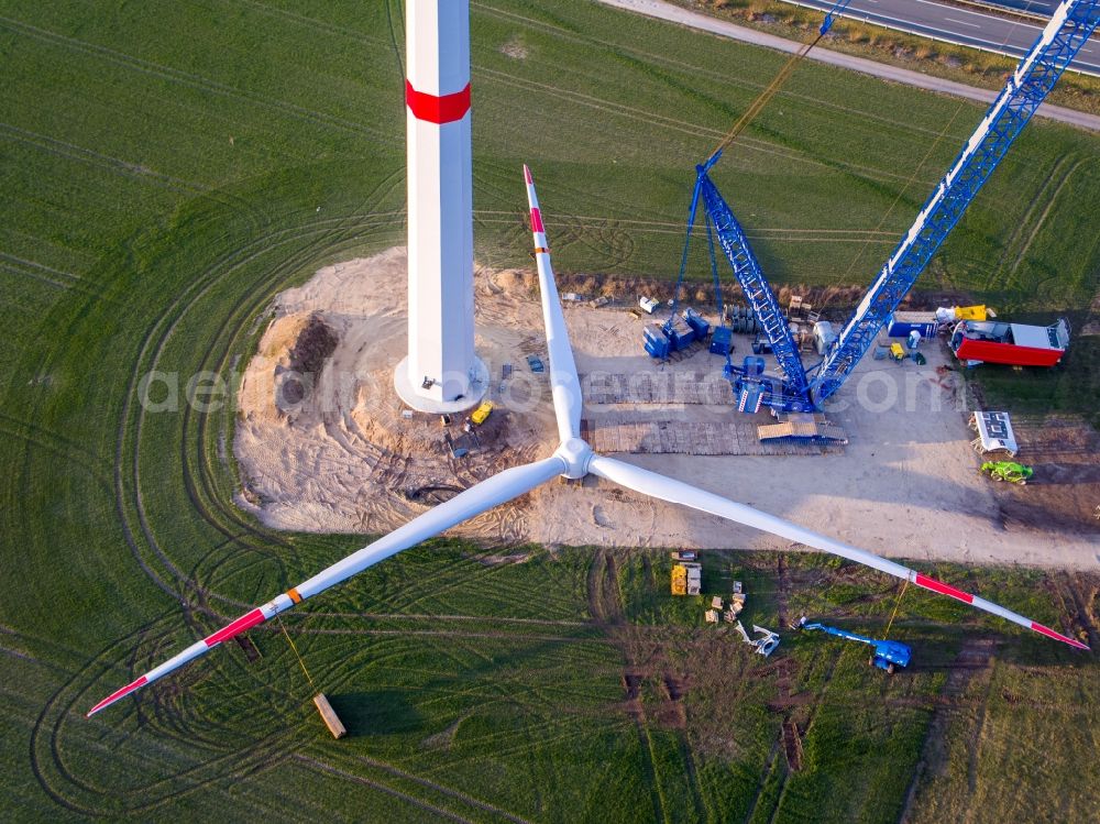 Aerial image Hoort - Construction site for wind turbine installation on a field in Hoort in the state Mecklenburg - Western Pomerania, Germany