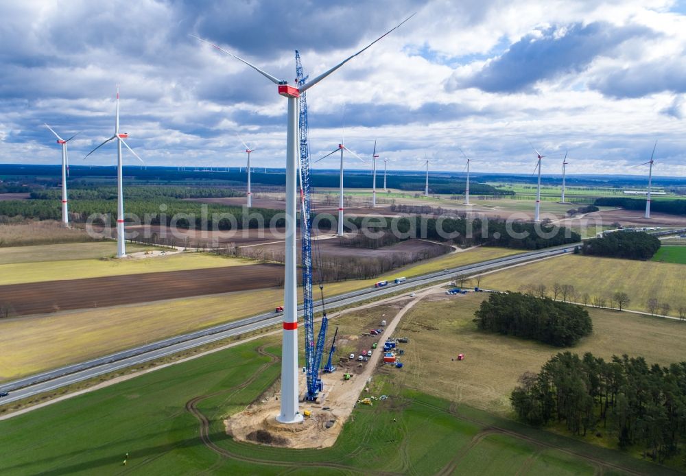 Hoort from the bird's eye view: Construction site for wind turbine installation on a field in Hoort in the state Mecklenburg - Western Pomerania, Germany