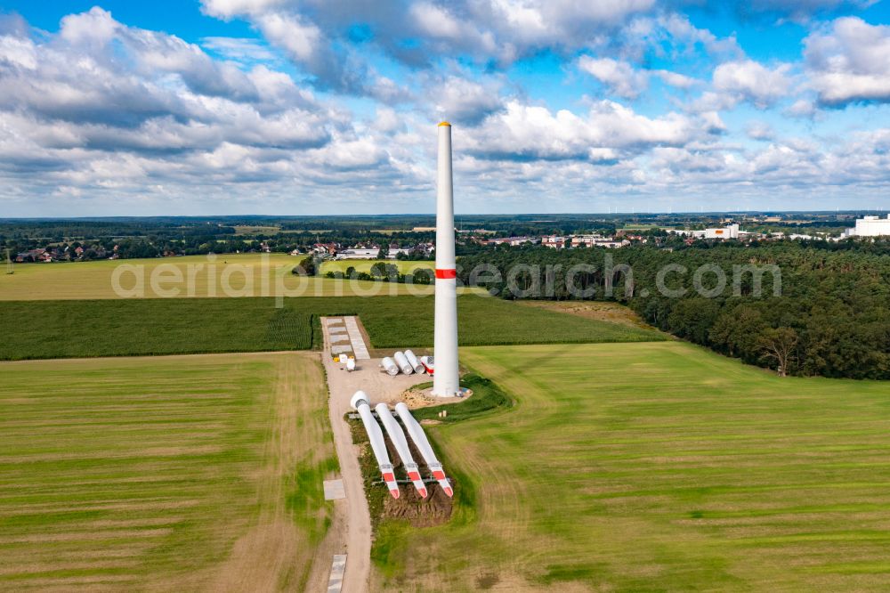 Karstädt from the bird's eye view: Construction site for wind turbine installation on a field in Karstaedt in the state Brandenburg, Germany