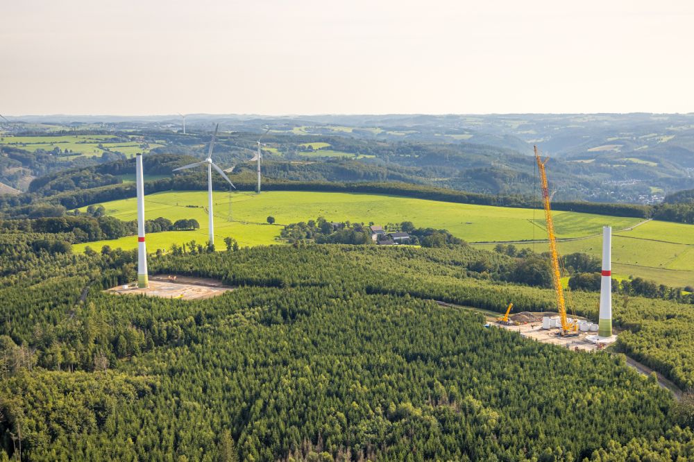 Aerial photograph Dahl - Construction site for wind turbine installation in a forest area on street Stube in Dahl in the state North Rhine-Westphalia, Germany