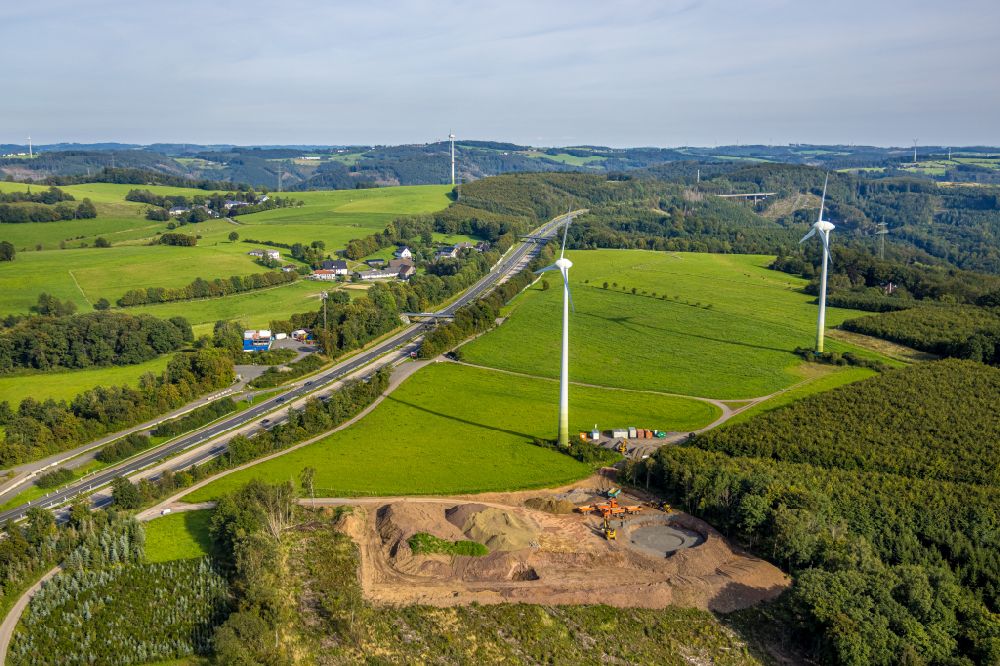 Dahl from above - Construction site for wind turbine installation in a forest area on street Stube in Dahl in the state North Rhine-Westphalia, Germany
