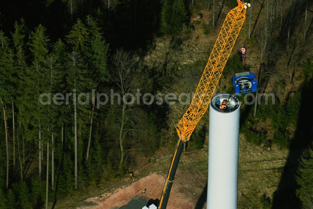 Flörsbachtal from above - Construction site for wind turbine installation in a forest area in Floersbachtal in the state Hesse, Germany