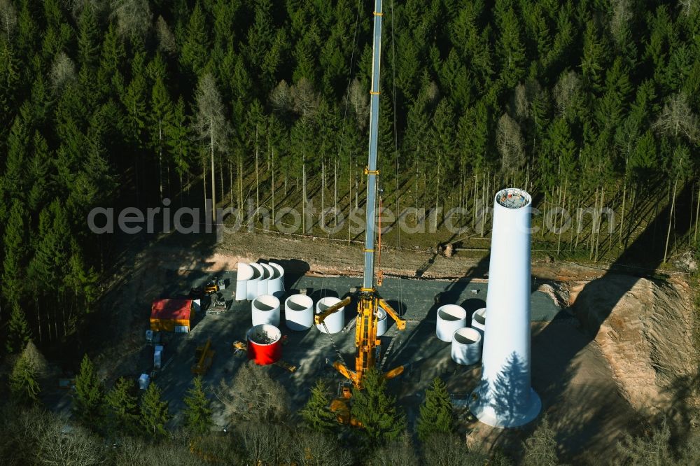 Aerial photograph Flörsbachtal - Construction site for wind turbine installation in a forest area in Floersbachtal in the state Hesse, Germany