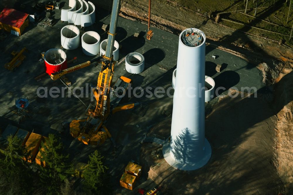 Flörsbachtal from the bird's eye view: Construction site for wind turbine installation in a forest area in Floersbachtal in the state Hesse, Germany