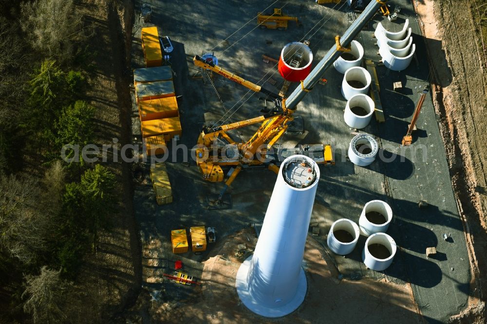 Aerial image Flörsbachtal - Construction site for wind turbine installation in a forest area in Floersbachtal in the state Hesse, Germany