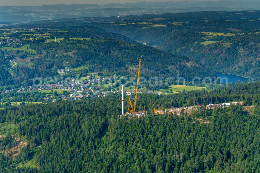 Aerial image Häusern - Construction site for wind turbine installation in a forest area in Haeusern in the state Baden-Wuerttemberg, Germany