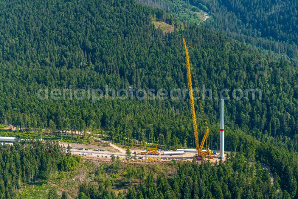 Häusern from the bird's eye view: Construction site for wind turbine installation in a forest area in Haeusern in the state Baden-Wuerttemberg, Germany