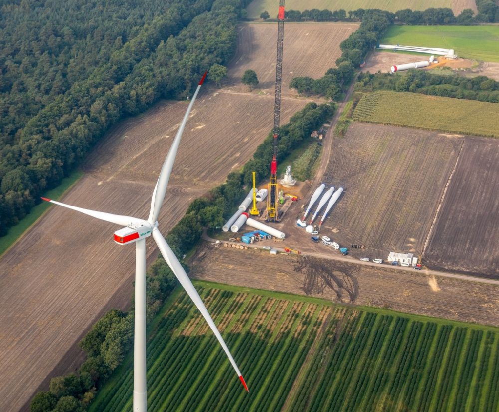 Schermbeck from above - Construction site for wind turbine installation entlang dem Bruchdamm in Schermbeck in the state North Rhine-Westphalia, Germany
