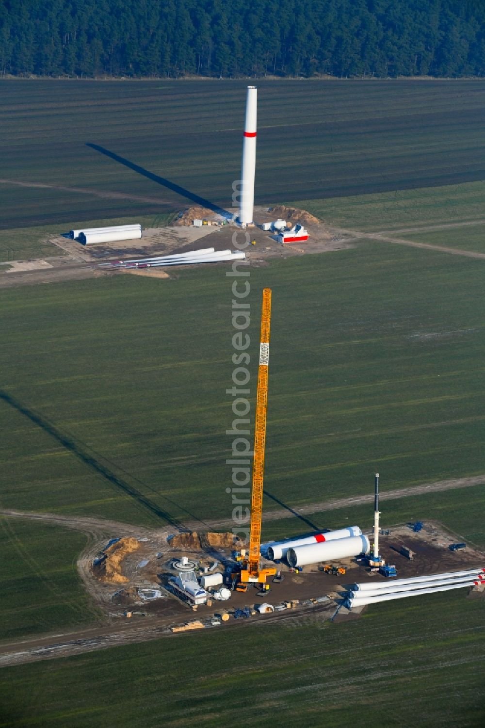 Willmersdorf from above - Construction site for wind turbine installation on fields in Willmersdorf in the state Brandenburg, Germany