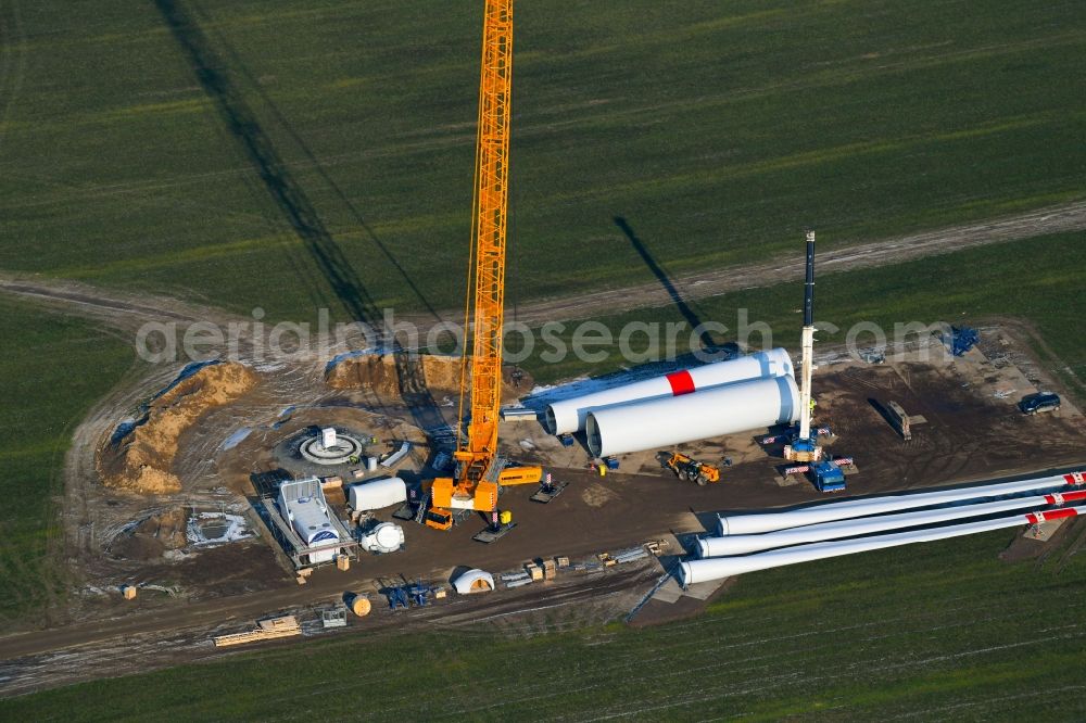 Aerial image Willmersdorf - Construction site for wind turbine installation on fields in Willmersdorf in the state Brandenburg, Germany