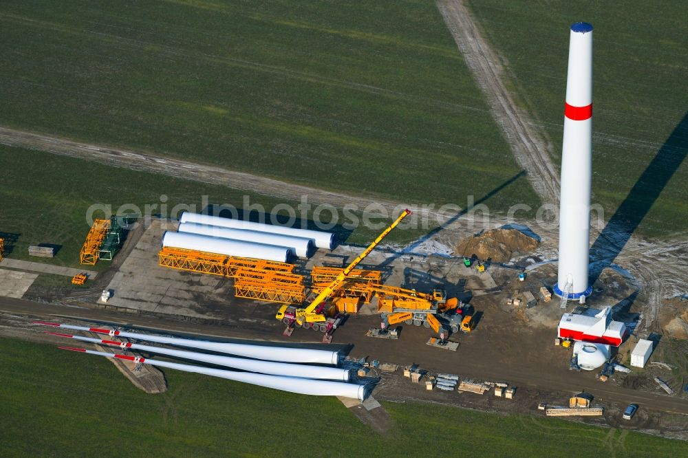Willmersdorf from above - Construction site for wind turbine installation on fields in Willmersdorf in the state Brandenburg, Germany