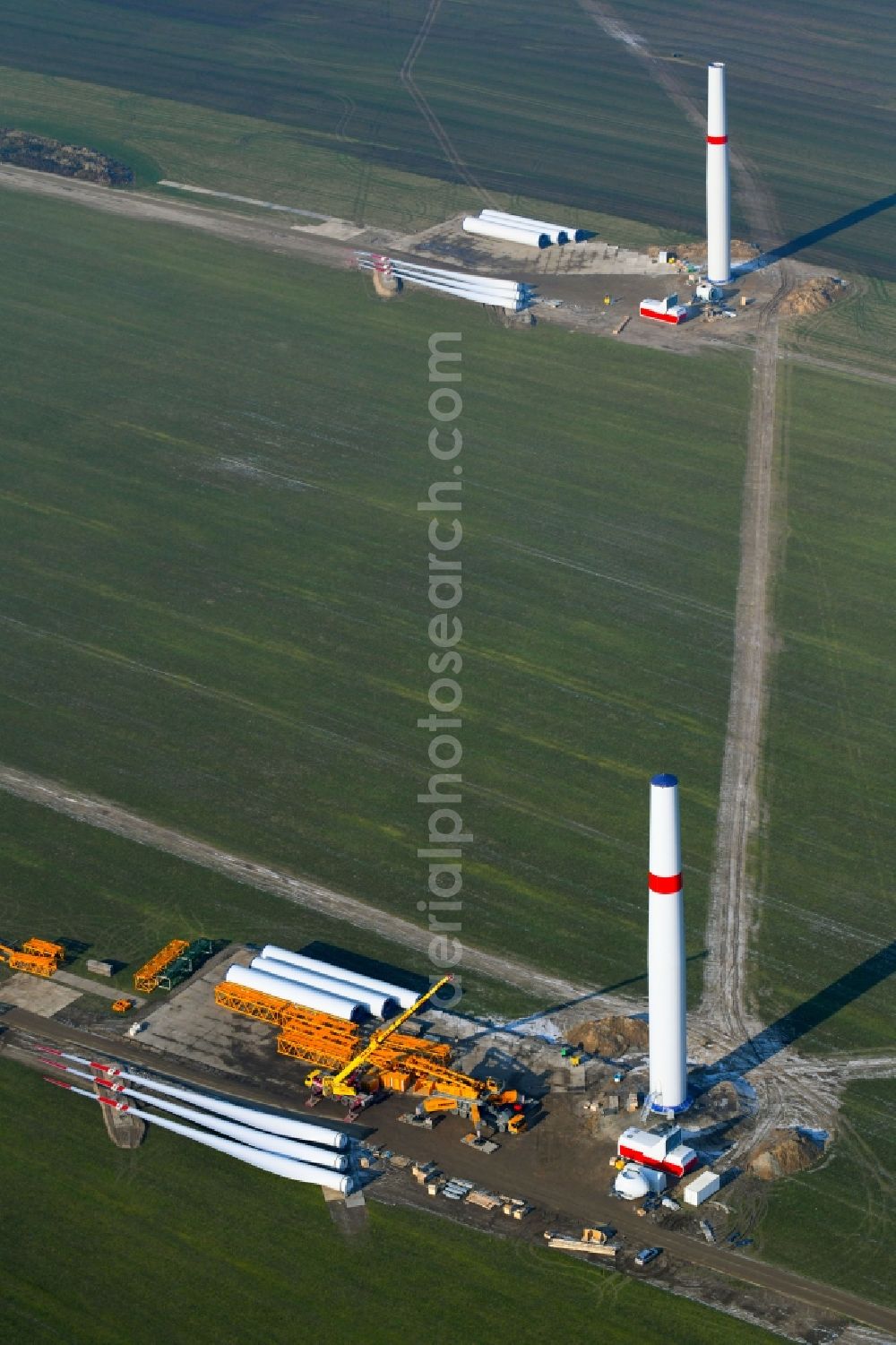 Aerial image Willmersdorf - Construction site for wind turbine installation on fields in Willmersdorf in the state Brandenburg, Germany