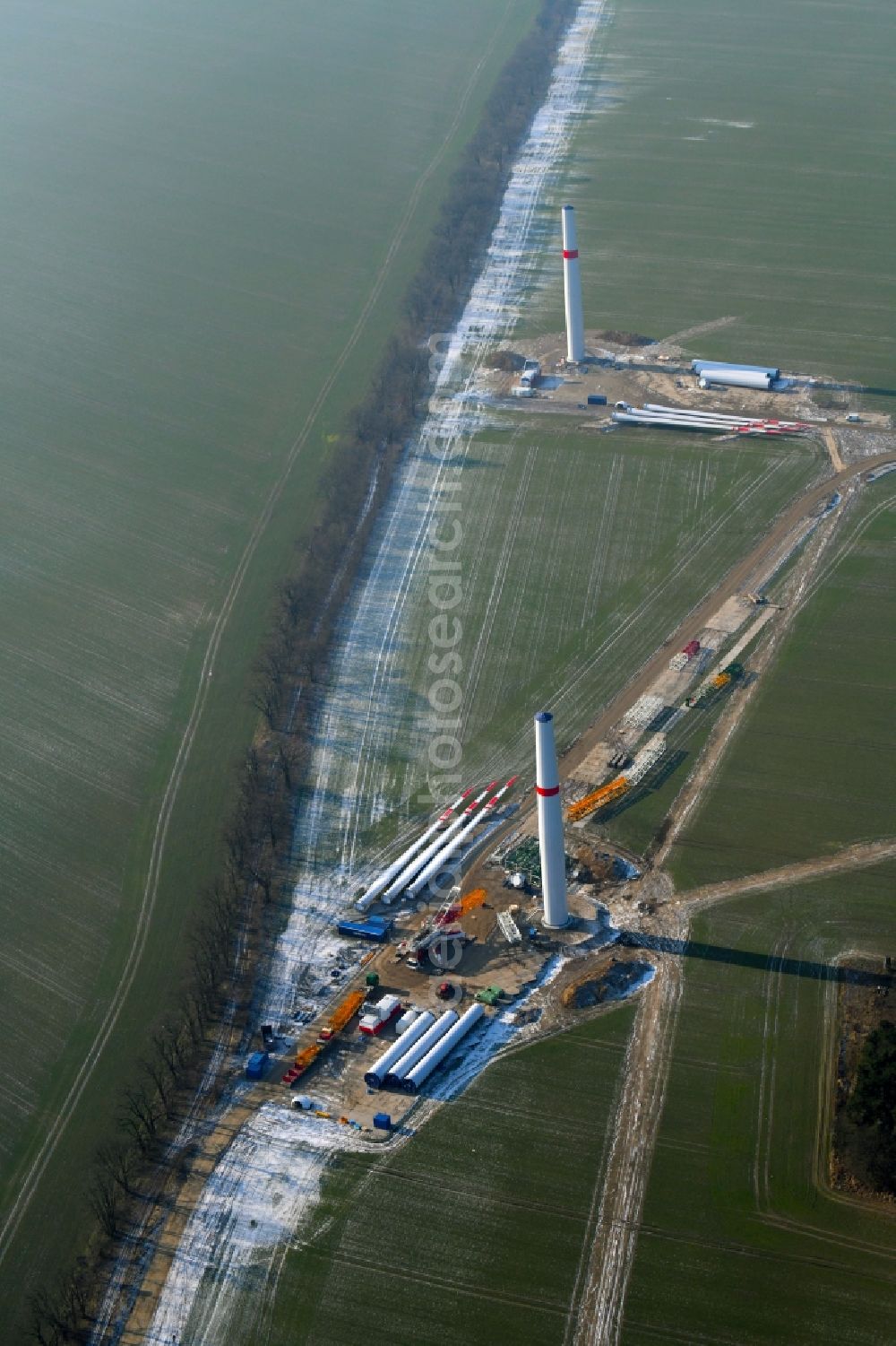 Aerial photograph Willmersdorf - Construction site for wind turbine installation on fields in Willmersdorf in the state Brandenburg, Germany