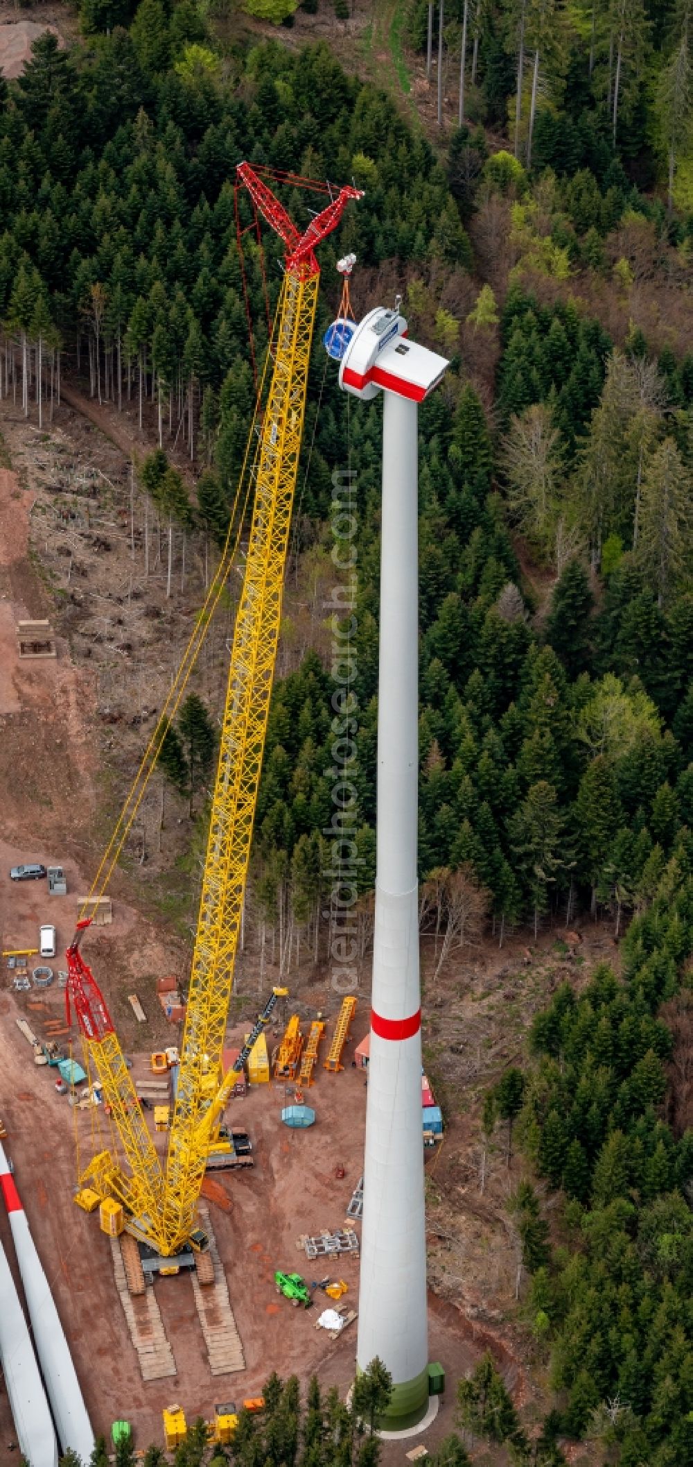 Fischerbach from above - Construction site for wind turbine installation Am Brandenkopf in Fischerbach in the state Baden-Wuerttemberg, Germany