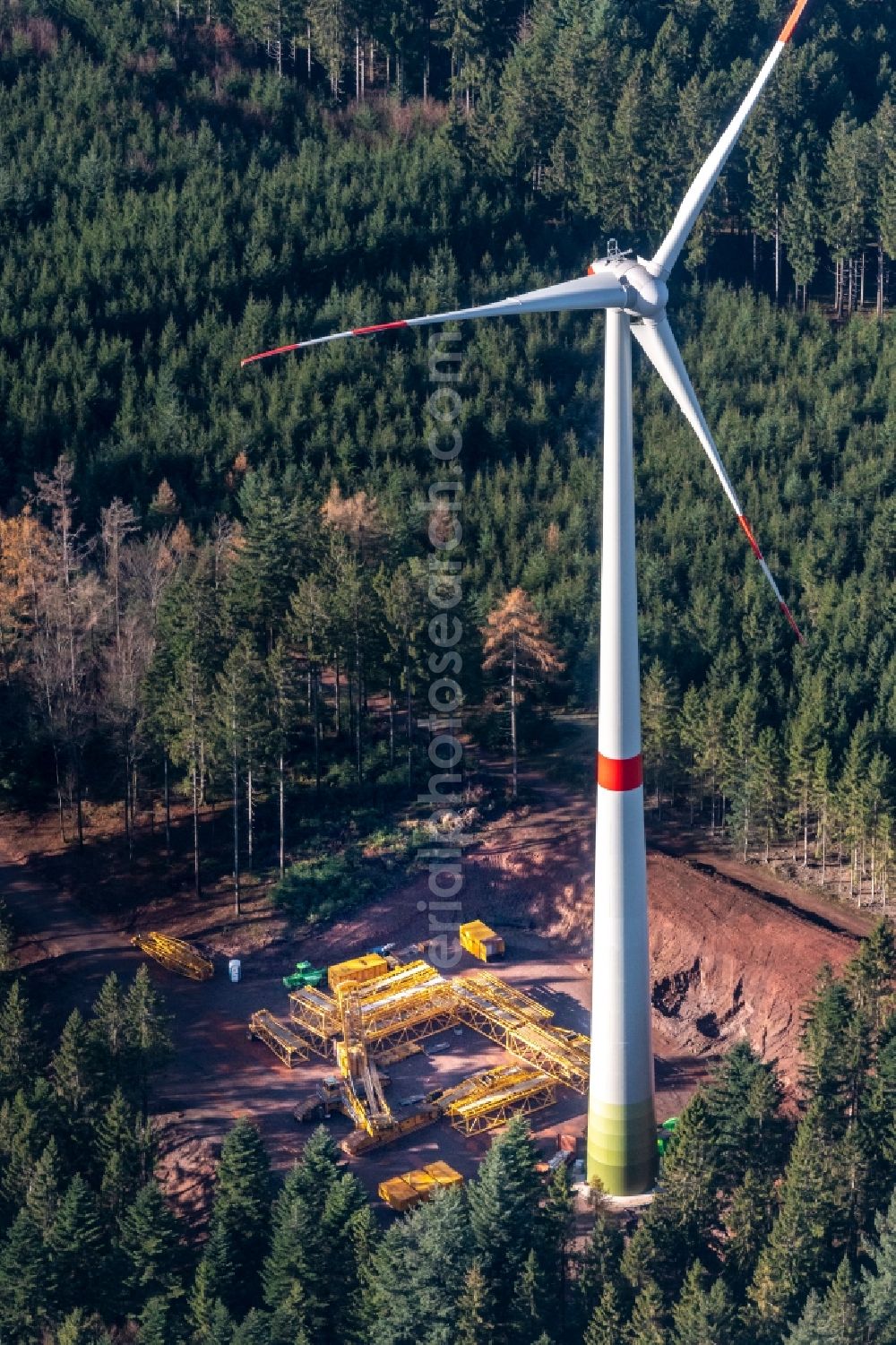 Freiamt from above - Construction site for wind turbine installation in Freiamt in the state Baden-Wurttemberg, Germany