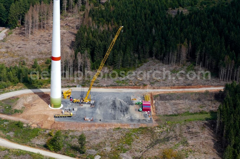 Gutsbezirk Kaufunger Wald from the bird's eye view: Construction site for wind turbine installation in Gutsbezirk Kaufunger Wald in the state Hesse, Germany