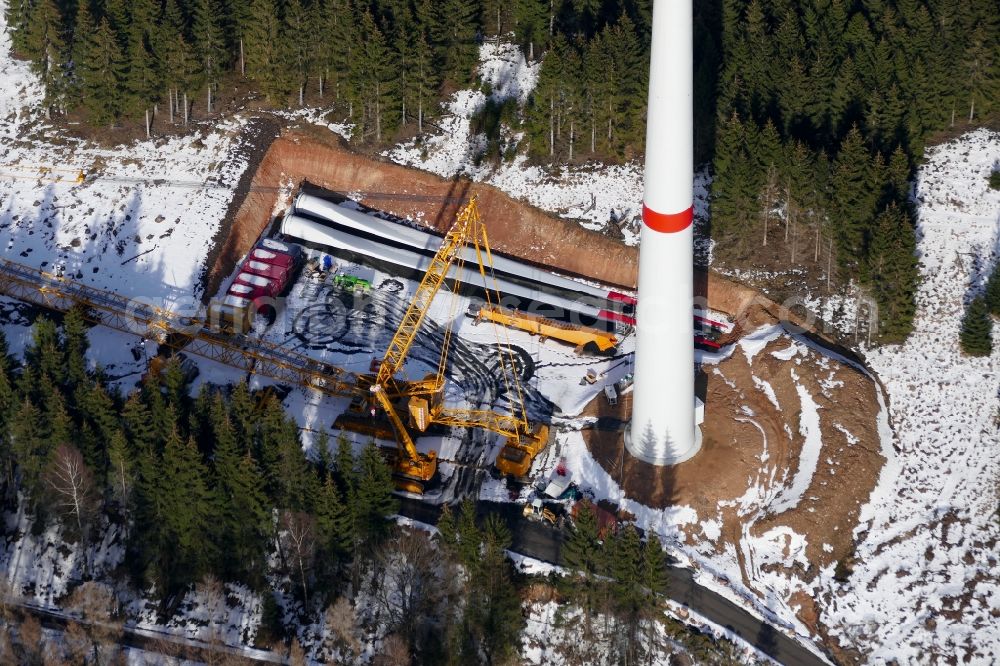 Gutsbezirk Kaufunger Wald from above - Construction site for wind turbine installation in Gutsbezirk Kaufunger Wald in the state Hesse, Germany