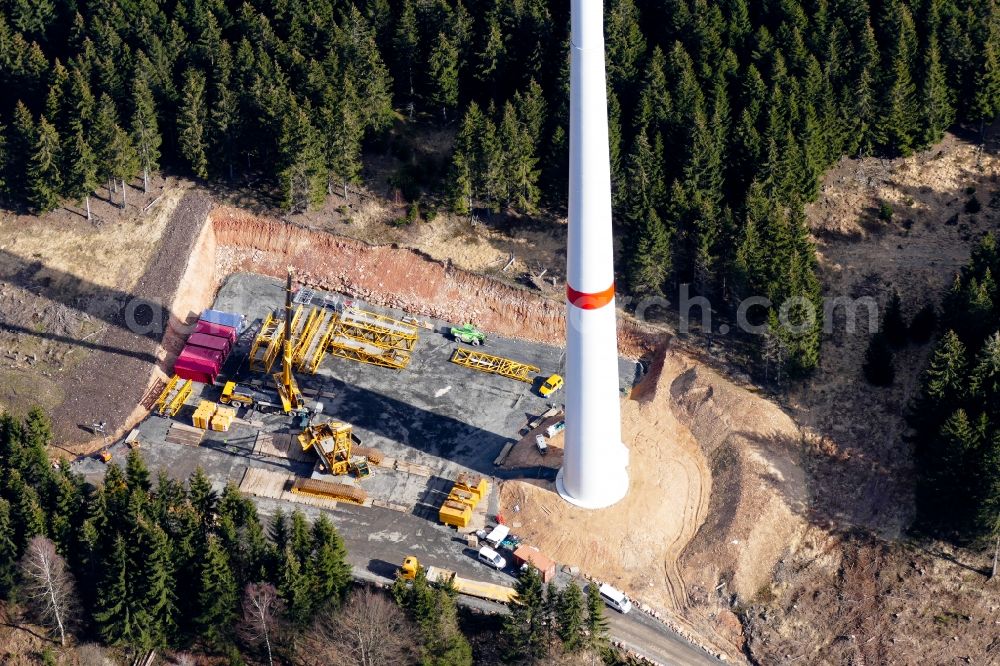 Aerial image Gutsbezirk Kaufunger Wald - Construction site for wind turbine installation in Gutsbezirk Kaufunger Wald in the state Hesse, Germany
