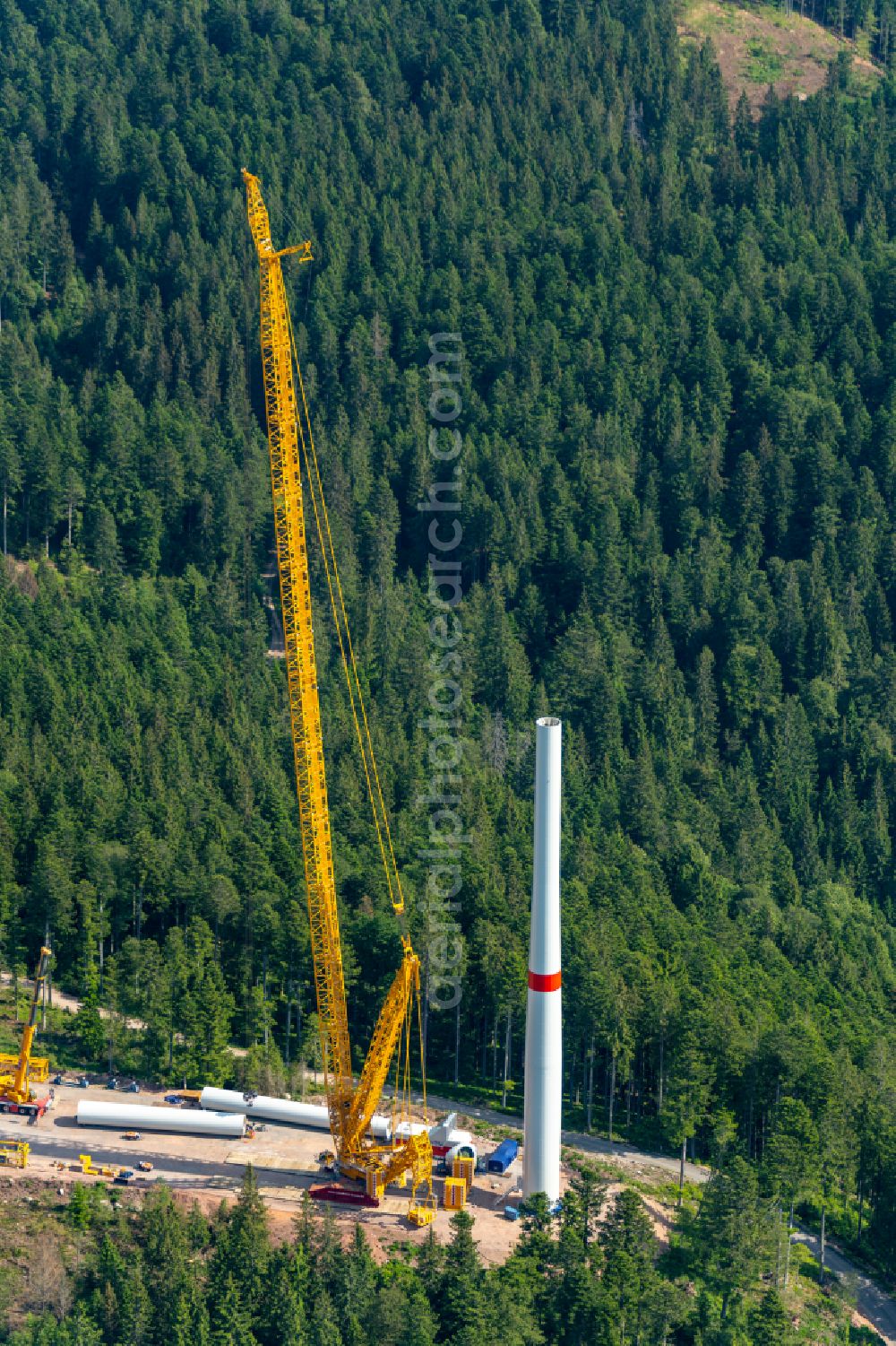 Aerial image Häusern - Construction site for wind turbine installation in Haeusern in the state Baden-Wuerttemberg, Germany