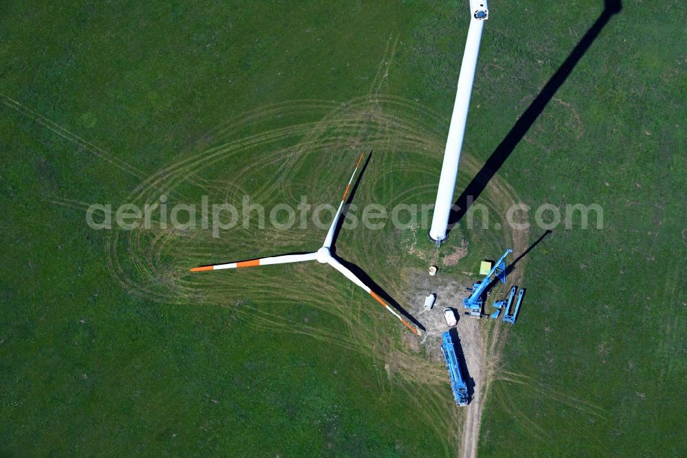 Kemberg from above - Construction site for wind turbine installation on a field in Kemberg in the state Saxony-Anhalt, Germany