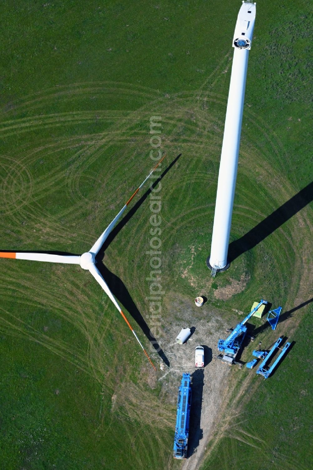 Kemberg from the bird's eye view: Construction site for wind turbine installation on a field in Kemberg in the state Saxony-Anhalt, Germany
