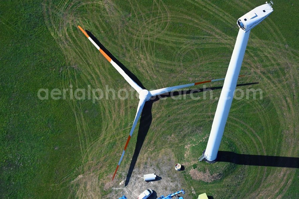 Aerial image Kemberg - Construction site for wind turbine installation on a field in Kemberg in the state Saxony-Anhalt, Germany