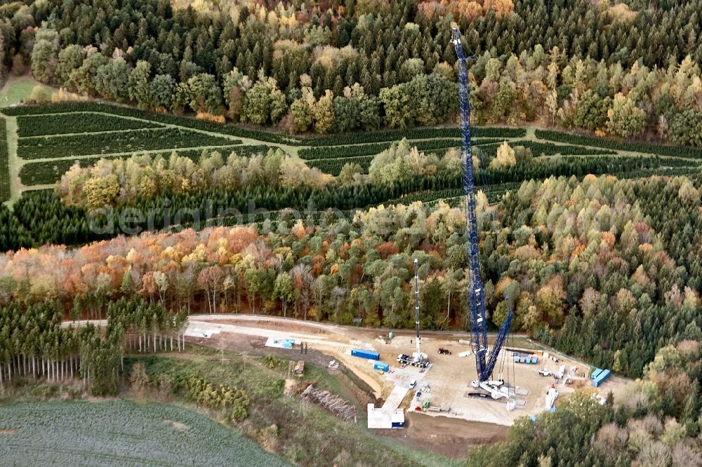 Pfettrach from the bird's eye view: Construction site for wind turbine installation in Klosterholz in Pfettrach in the state Bavaria, Germany