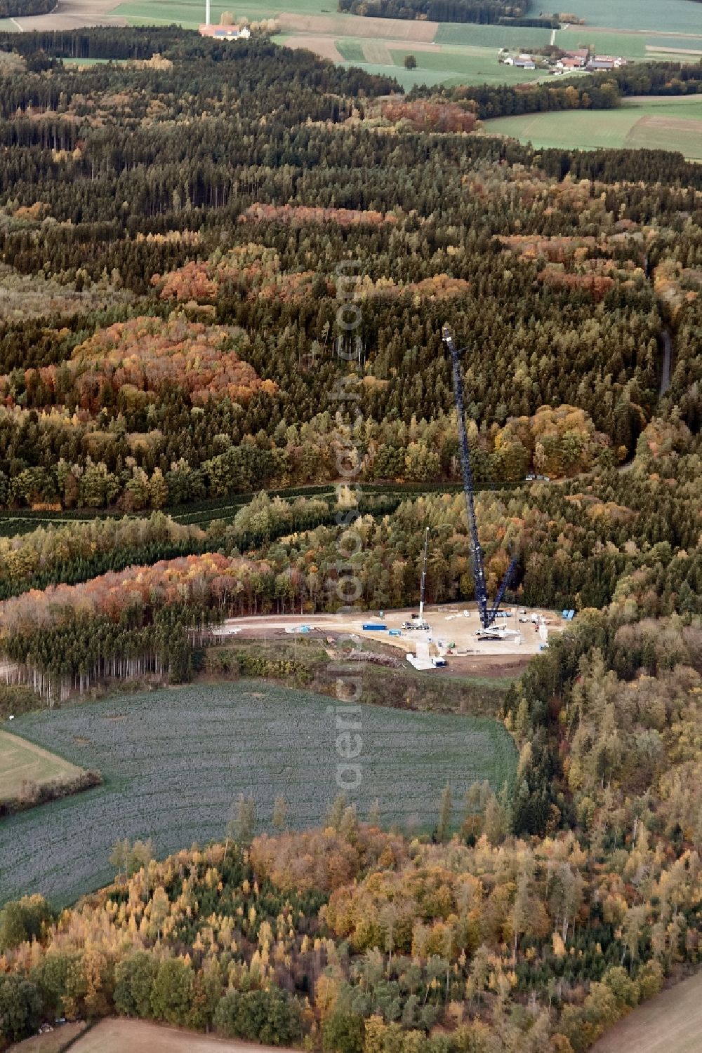Aerial photograph Pfettrach - Construction site for wind turbine installation in Klosterholz in Pfettrach in the state Bavaria, Germany