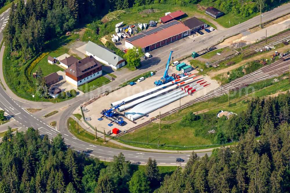 Aerial photograph Schluchsee - Construction site for wind turbine installation Lagerplatz in Schluchsee in the state Baden-Wuerttemberg, Germany