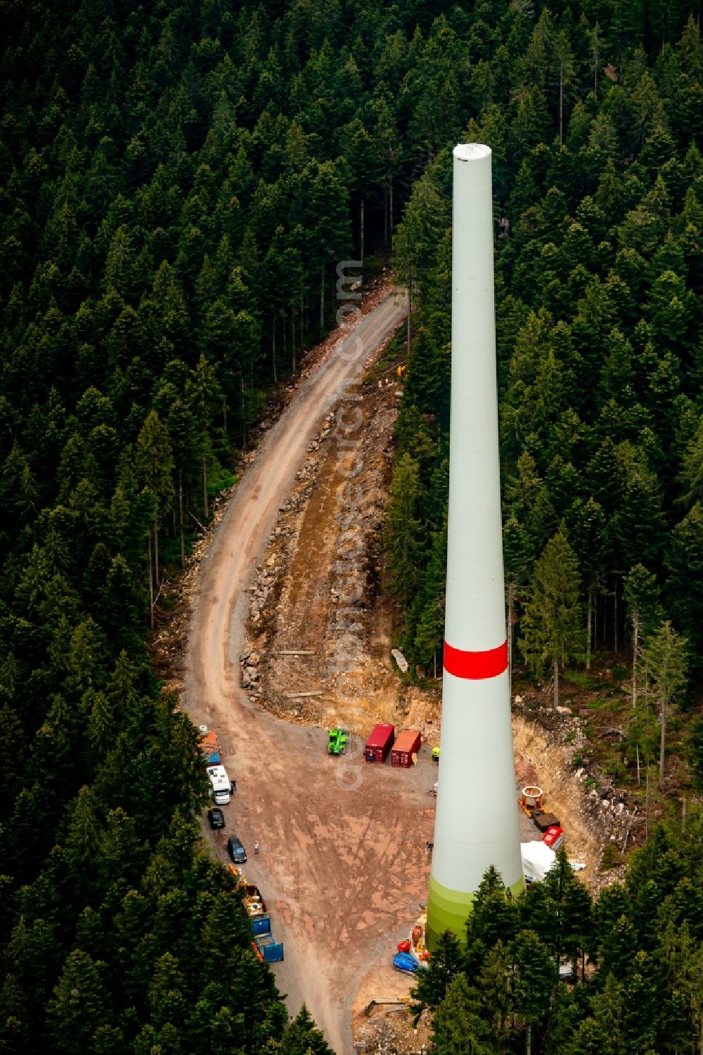 Fischerbach from above - Construction site for wind turbine installation Am Nillskopf Brandenkopf in Schwarzwald in Fischerbach in the state Baden-Wurttemberg, Germany