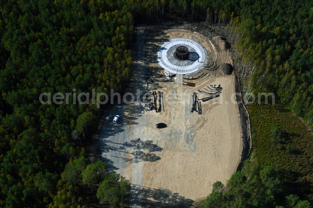 Aerial image Spreenhagen - Construction site for the new construction of wind turbines (WEA) with wind turbines of the Uckley wind farm in a forest area in Spreenhagen in the state Brandenburg, Germany