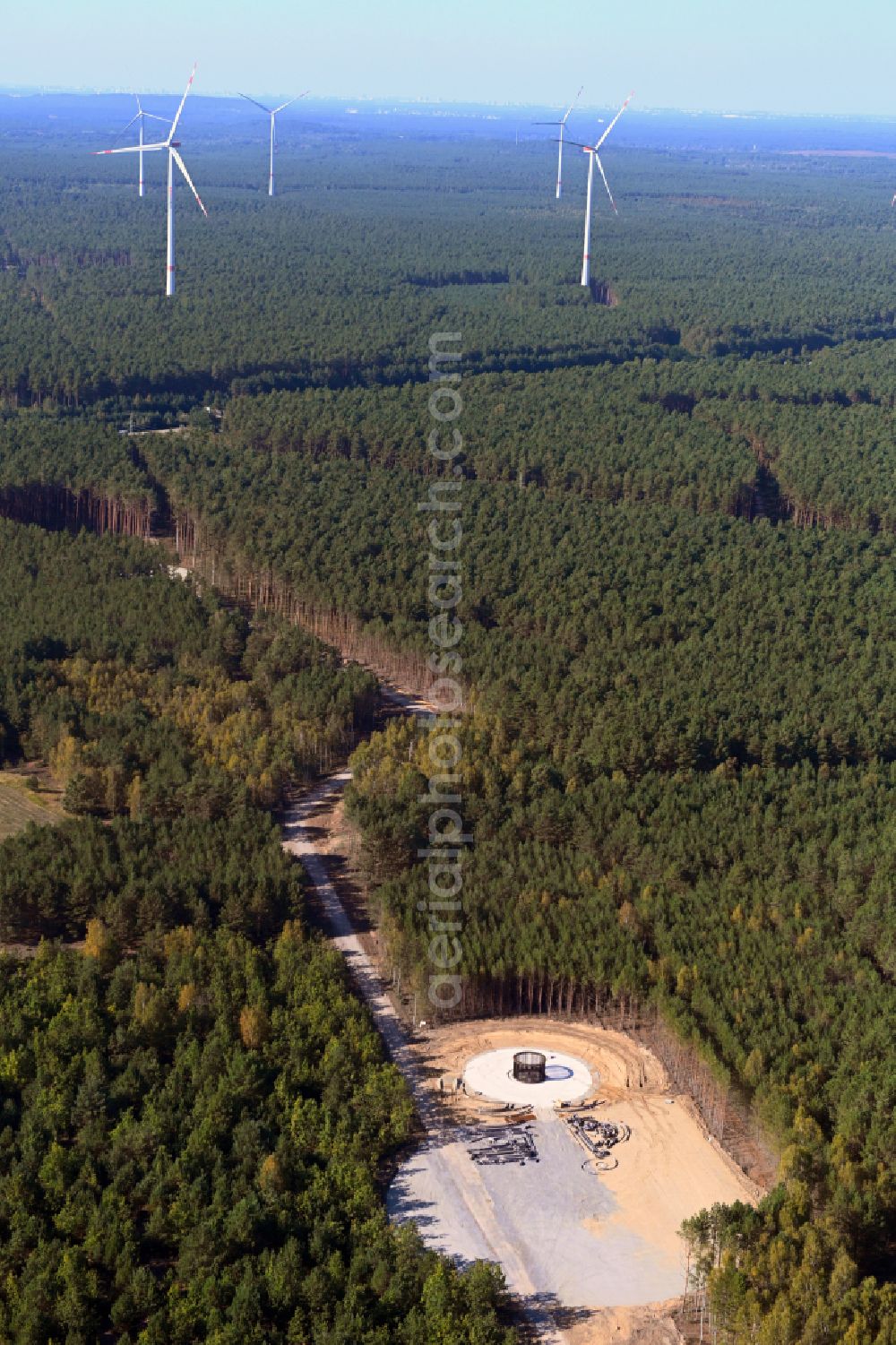 Spreenhagen from above - Construction site for the new construction of wind turbines (WEA) with wind turbines of the Uckley wind farm in a forest area in Spreenhagen in the state Brandenburg, Germany
