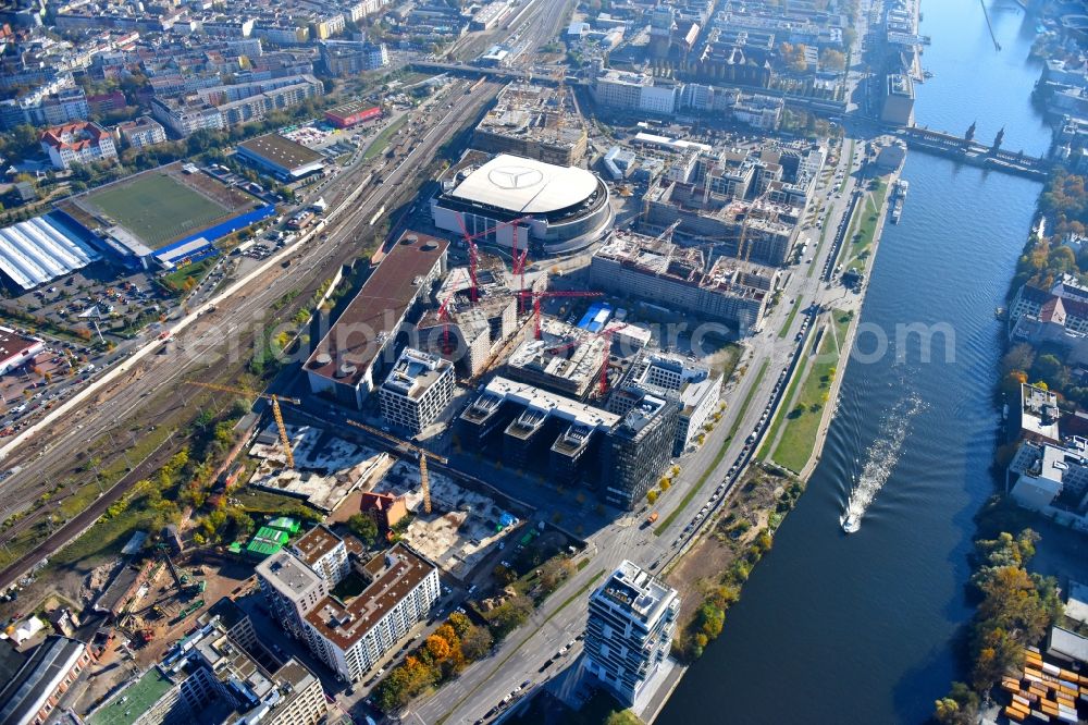 Aerial image Berlin - Construction sites for the new building on Anschutz- Areal along of Muehlenstrasse in the district Friedrichshain-Kreuzberg in Berlin, Germany