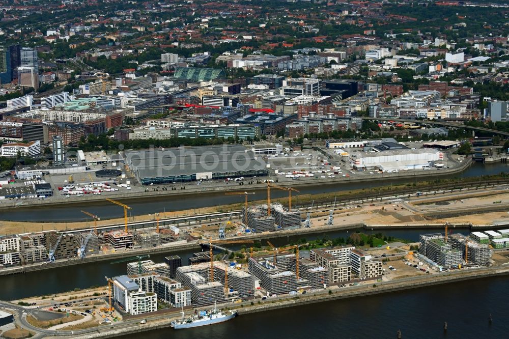 Aerial image Hamburg - Construction sites for residential and commercial buildings in the Baakenhafen along the Baakenallee in HafenCity in Hamburg, Germany