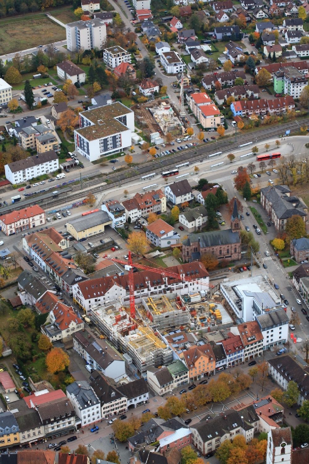 Aerial photograph Schopfheim - Construction site for City Quarters Building Uehlin-Areal with housing and commercial units in Schopfheim in the state Baden-Wurttemberg, Germany