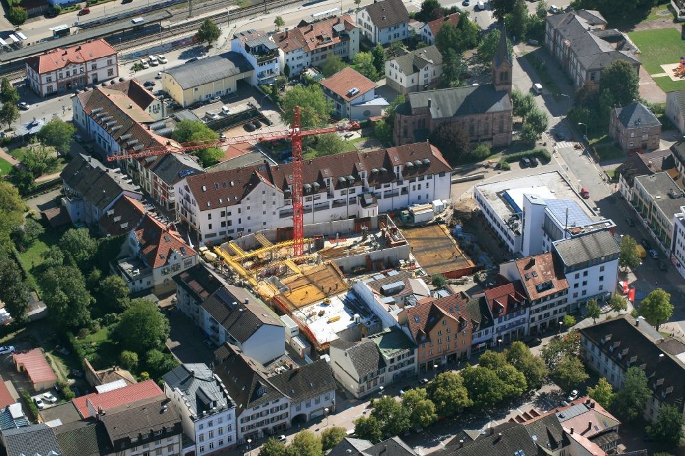 Schopfheim from the bird's eye view: Construction site for City Quarters Building Uehlin-Areal with housing and Commercial Units in Schopfheim in the state Baden-Wurttemberg, Germany