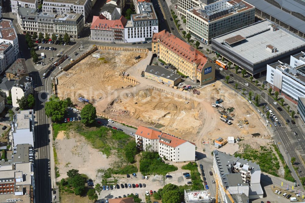 Leipzig from the bird's eye view: Construction site for City Quarters Building Krystallpalast-Areal on street Hofmeisterstrasse in Leipzig in the state Saxony, Germany