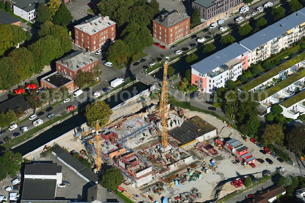 Aerial image Augsburg - Construction site for City Quarters Building of the project KULT.QUARTIER between Walterstrasse and Zimmererstrasse on Proviantbach in Augsburg in the state Bavaria, Germany