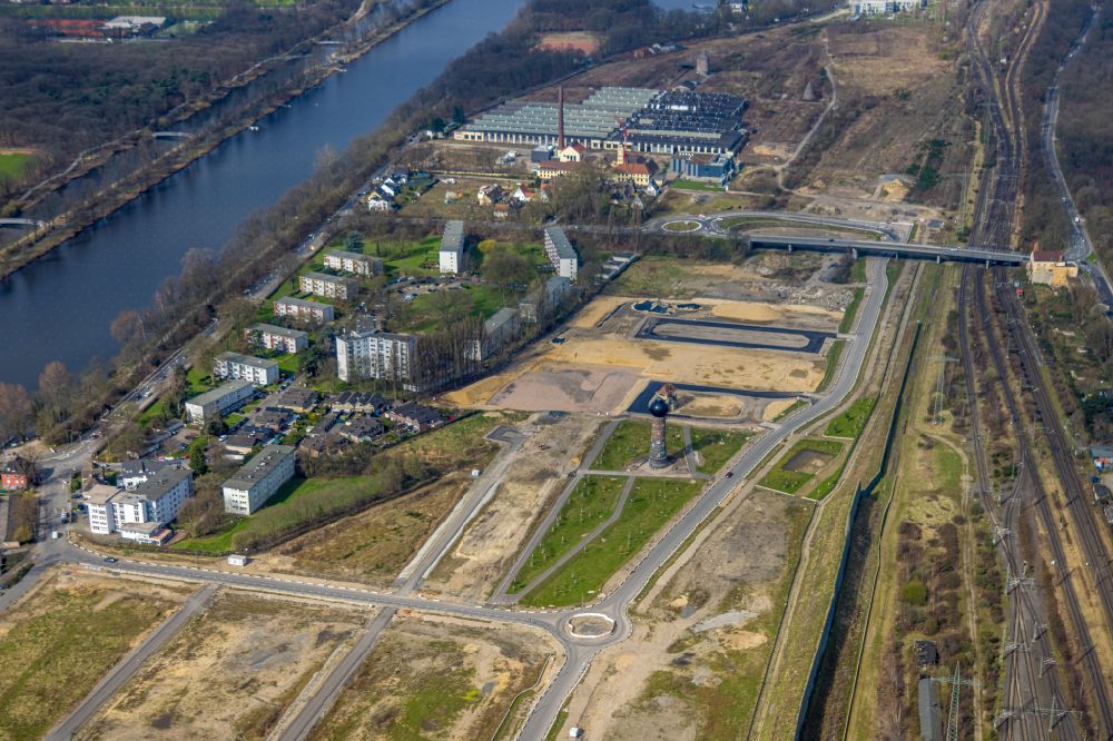 Aerial image Duisburg - construction site for City Quarters Building 6 Seen Wedau - Wohnen am Wasser in the district Wedau in Duisburg at Ruhrgebiet in the state North Rhine-Westphalia, Germany