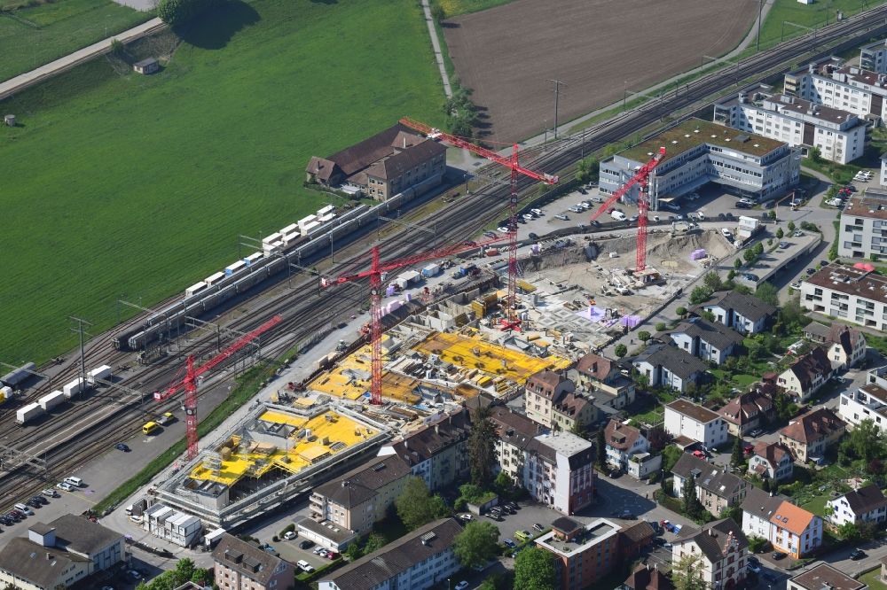 Rheinfelden from above - Construction site for City Quarters Building Furnierwerk with housing and commercial units in Rheinfelden, canton Aargau, Switzerland