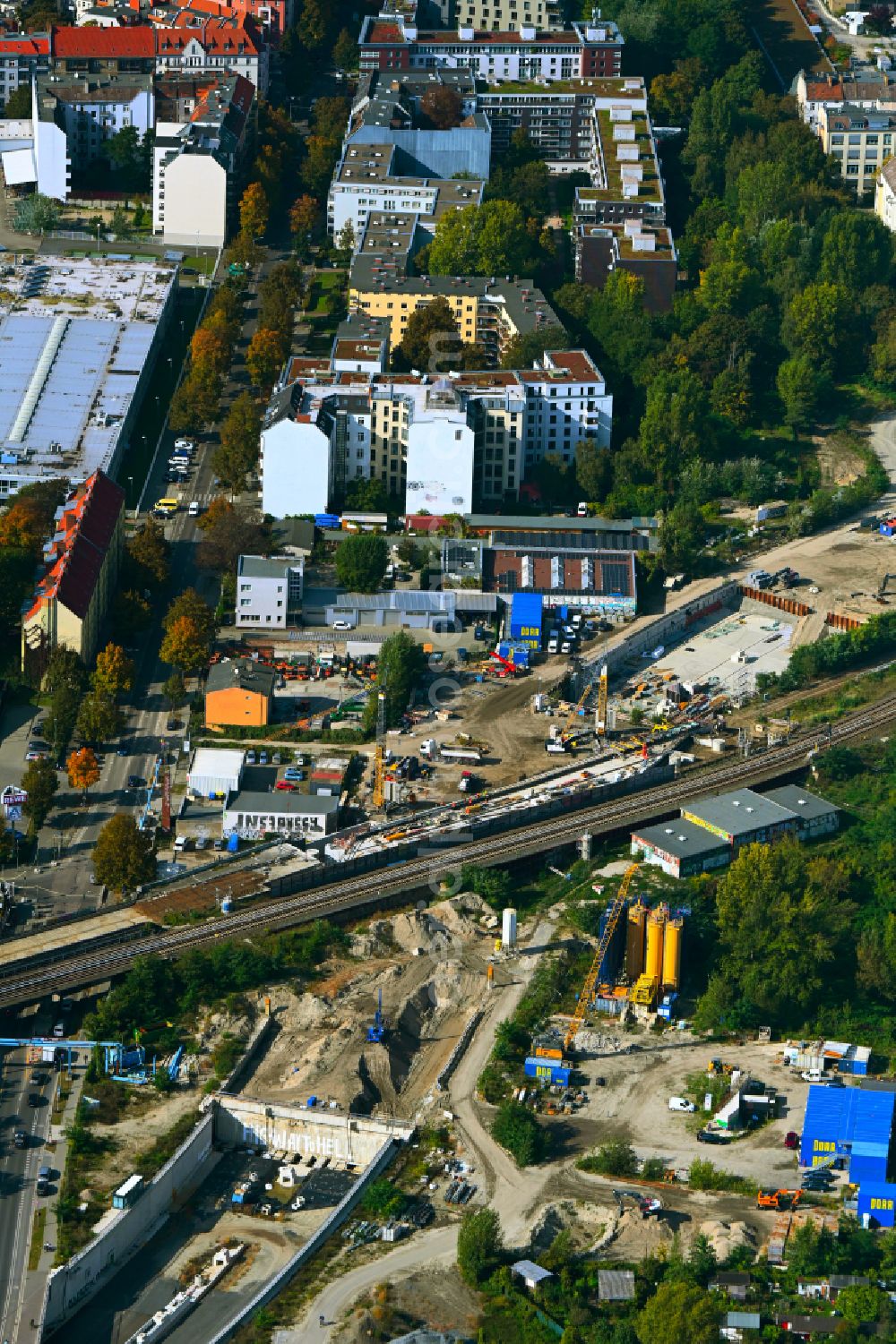 Aerial image Berlin - Civil engineering construction sites for the new construction of the tunnels to extend the city autobahn - federal autobahn BAB A100 in Berlin, Germany