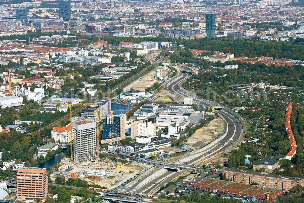 Aerial photograph Berlin - Civil engineering construction sites - route for the new construction of the tunnel structures to extend the city motorway - federal motorway BAB A100 on the Neukoellnische Allee street in the Neukoelln district in Berlin, Germany