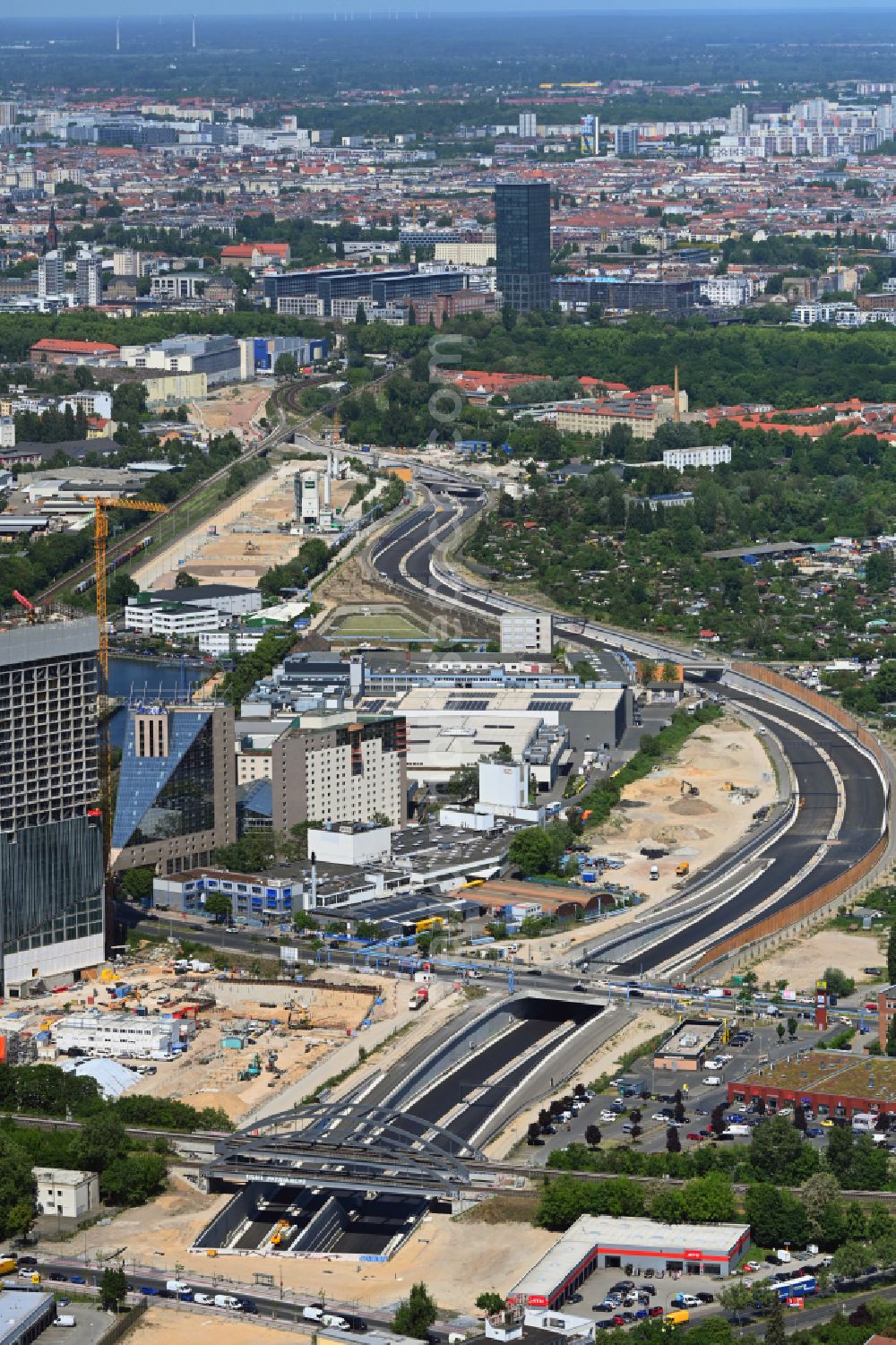 Berlin from above - Civil engineering construction sites - route for the new construction of the tunnel structures to extend the city motorway - federal motorway BAB A100 on the Neukoellnische Allee street in the Neukoelln district in Berlin, Germany