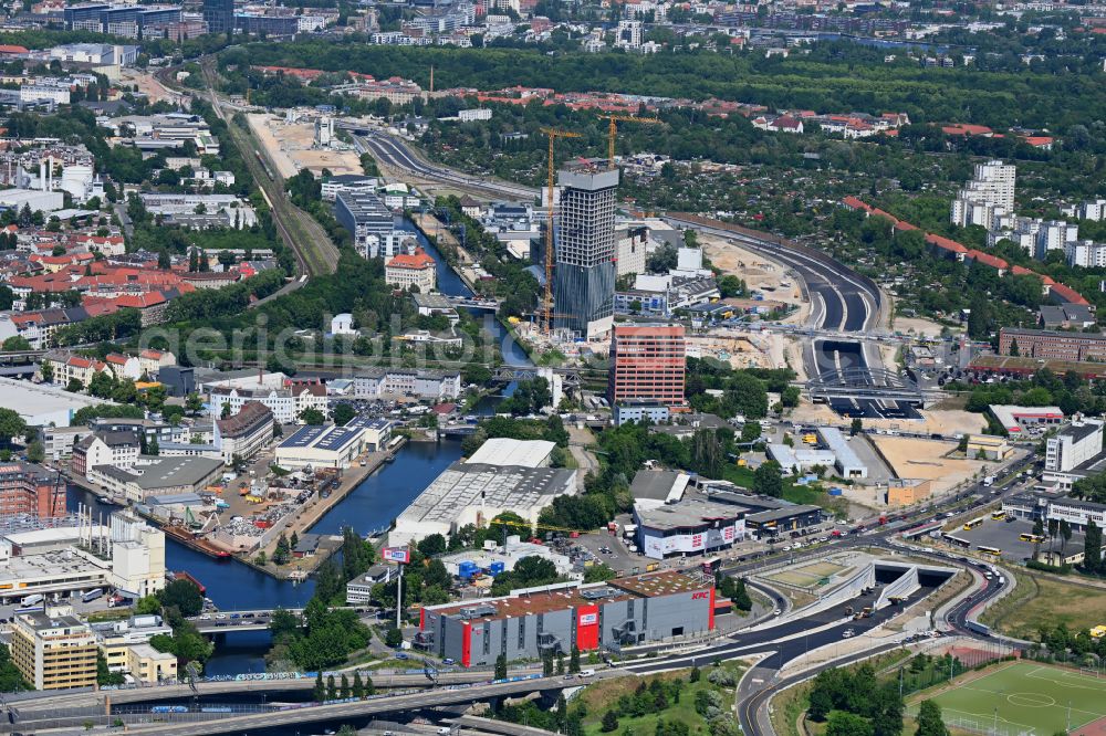 Berlin from above - Civil engineering construction sites - route for the new construction of the tunnel structures to extend the city motorway - federal motorway BAB A100 on the Neukoellnische Allee street in the Neukoelln district in Berlin, Germany