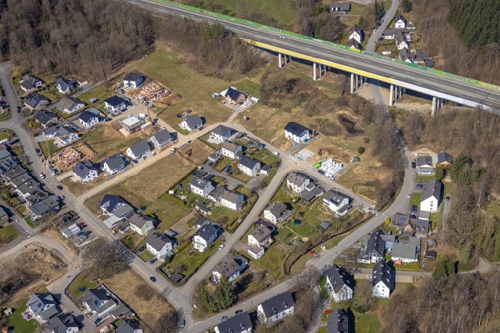 Aerial image Meschede - Construction sites for new construction residential area of detached housing estate on Glatzer Strasse - Goerlitzer Strasse in Meschede at Sauerland in the state North Rhine-Westphalia, Germany
