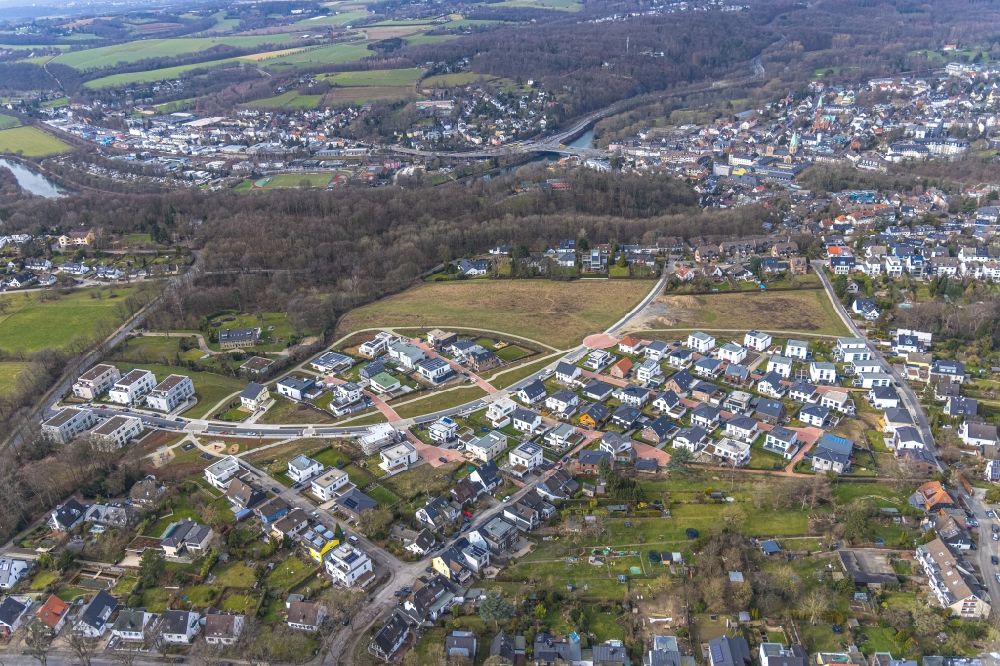 Aerial photograph Heidhausen - Construction sites for new construction residential area of detached housing estate Gruene Harfe on Barkhover Feldweg in Heidhausen in the state North Rhine-Westphalia, Germany