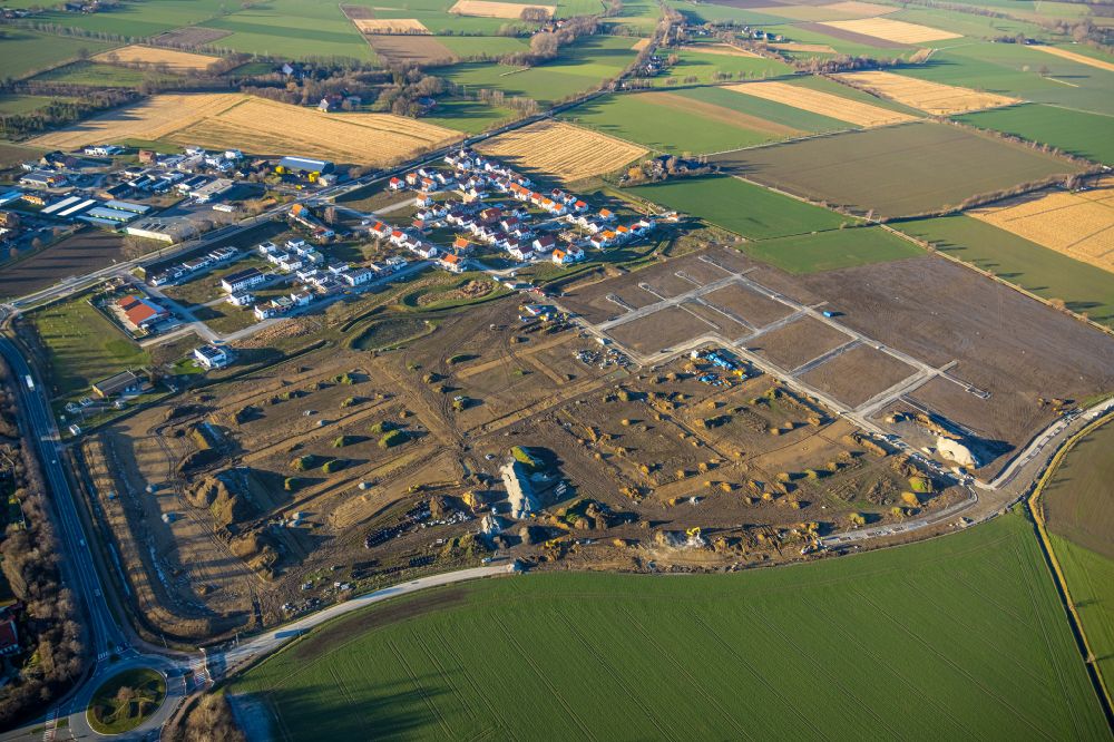 Aerial photograph Soest - Construction sites for new construction residential area of detached housing estate Neuer Soester Norden between Oestinghauser Landstrasse and Weslarner Weg in Soest in the state North Rhine-Westphalia, Germany