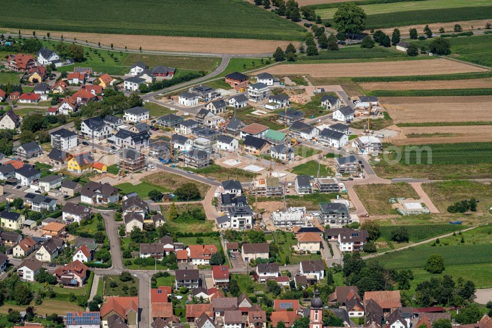 Rheinhausen from above - Construction sites for new construction residential area of detached housing estate in Rheinhausen in the state Baden-Wuerttemberg, Germany